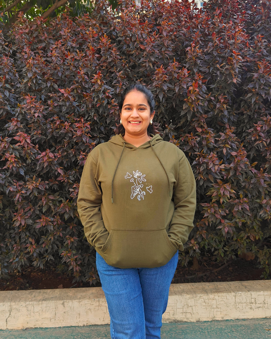 Cozy Hoodie with Hand embroidered motif (Olive Green)