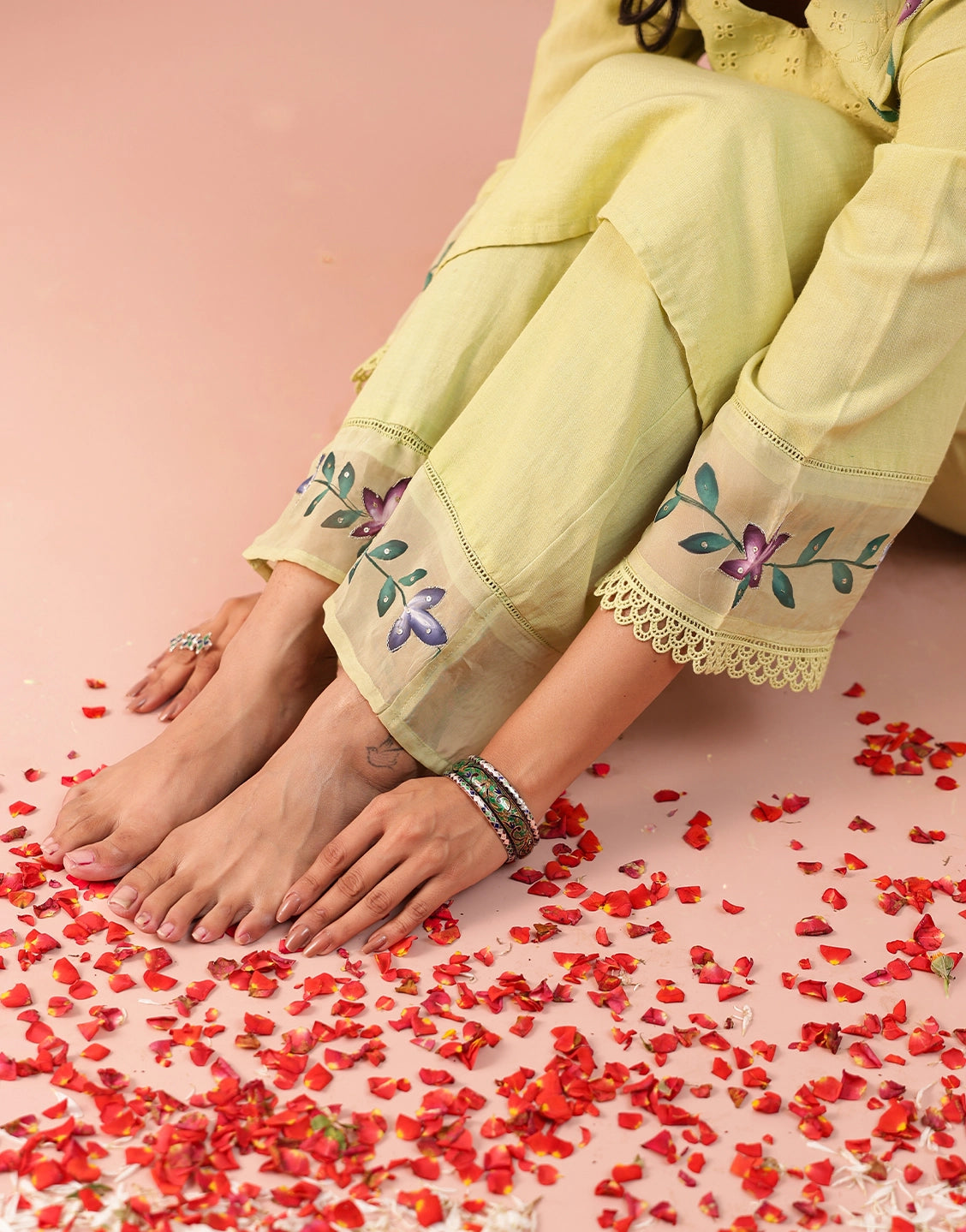 Nazakat lime green hand brush paint kurta set