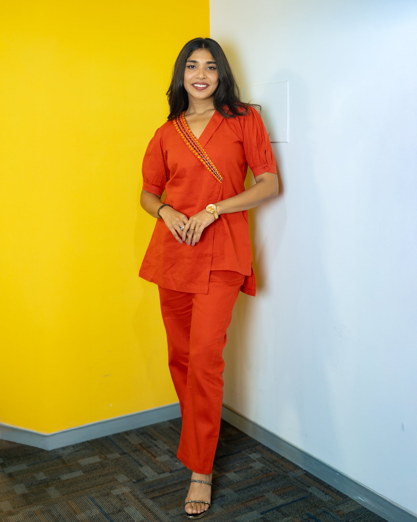 Relaxed FIt Hand Embroidered Co-Ord Set (Orange)