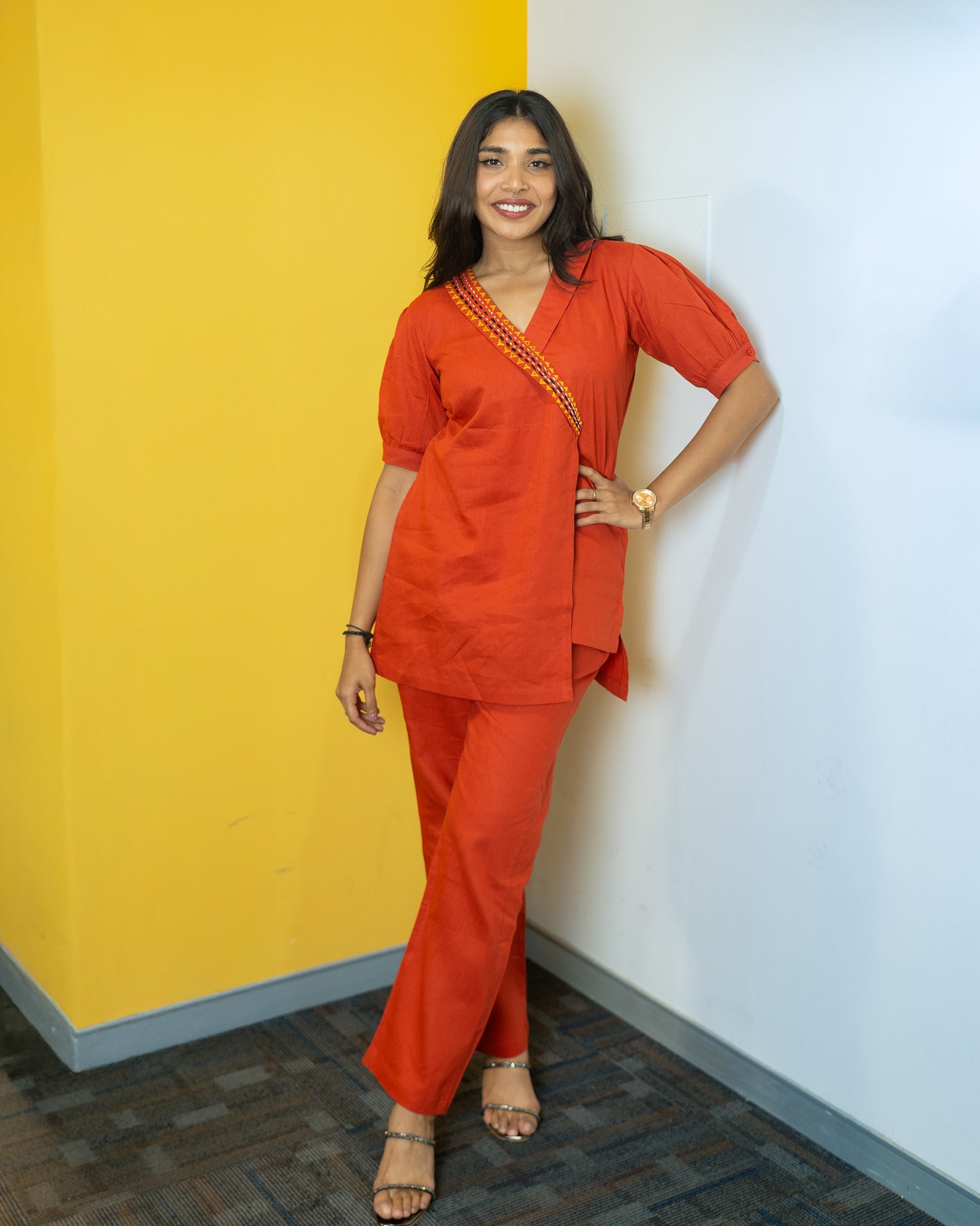 Relaxed FIt Hand Embroidered Co-Ord Set (Orange)