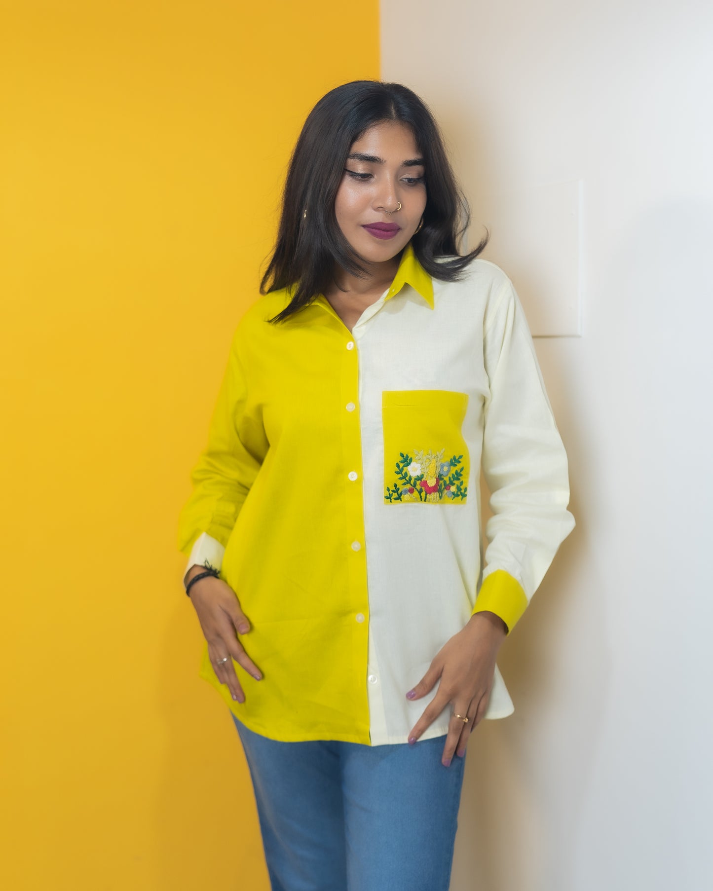 Dual Color Flower Embroidery Pocket Shirt (Yellow & White)