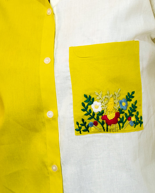 Dual Color Flower Embroidery Pocket Shirt (Yellow & White)