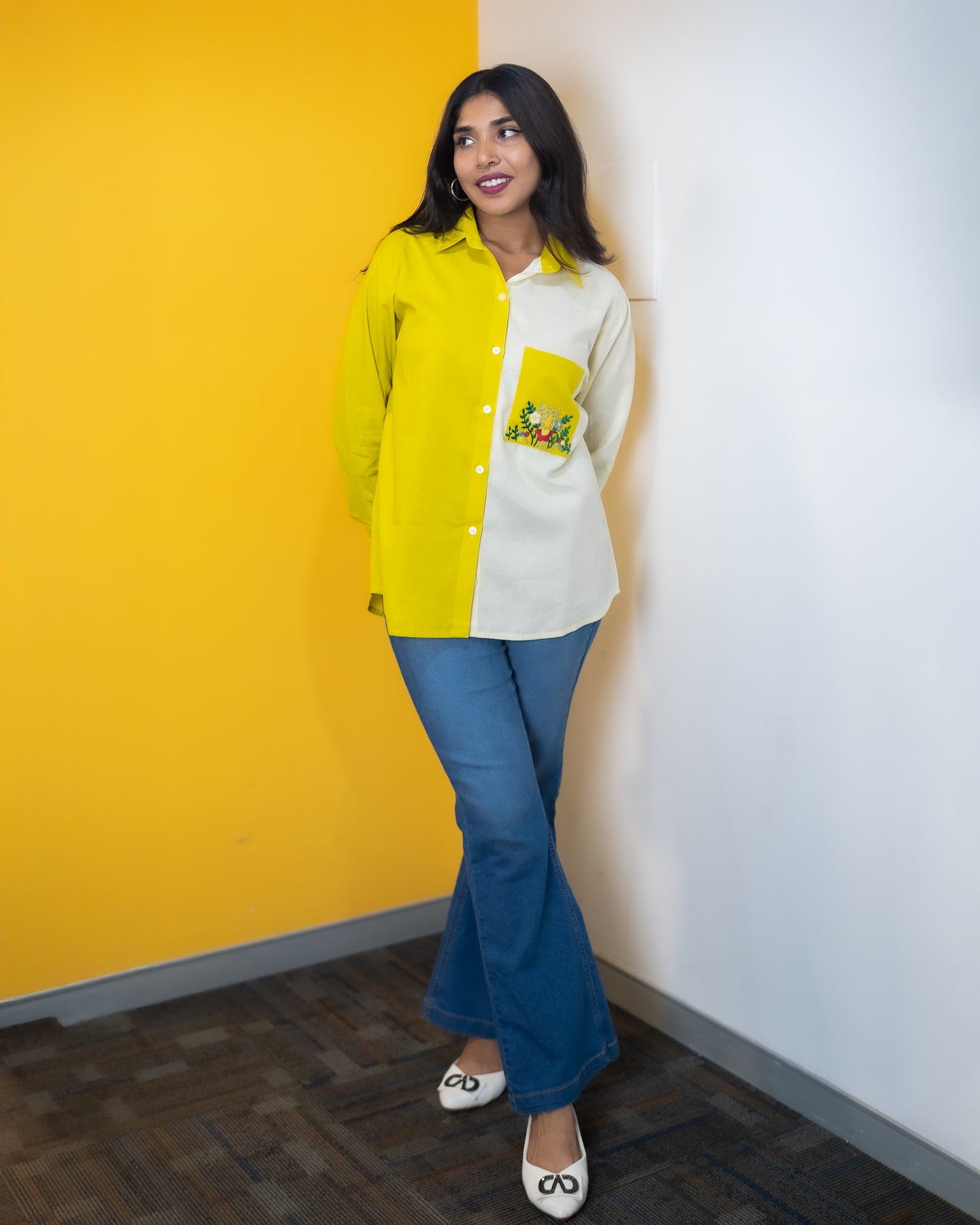 Dual Color Flower Embroidery Pocket Shirt (Yellow & White)