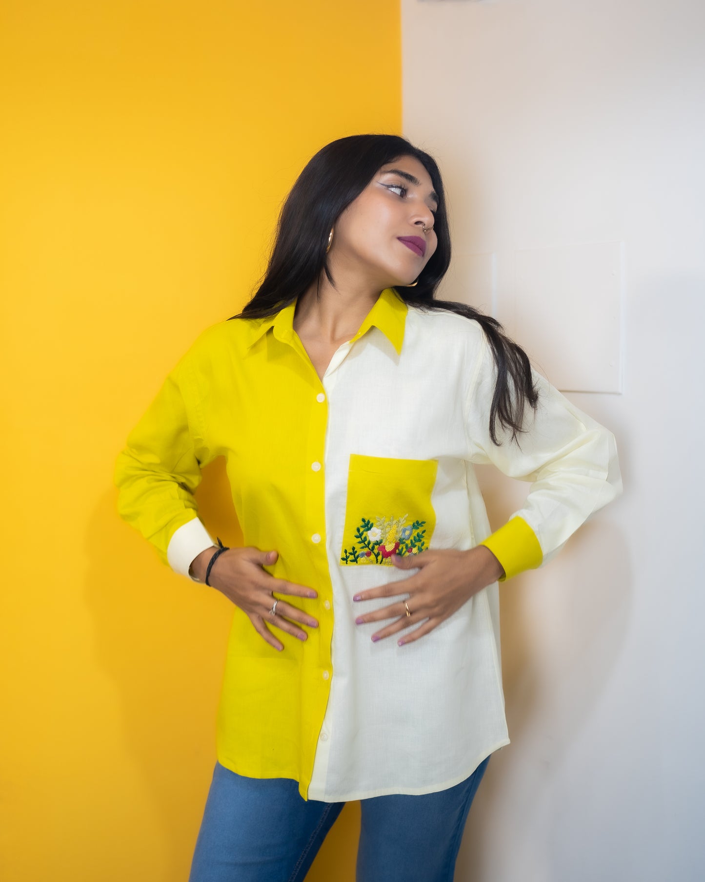 Dual Color Flower Embroidery Pocket Shirt (Yellow & White)