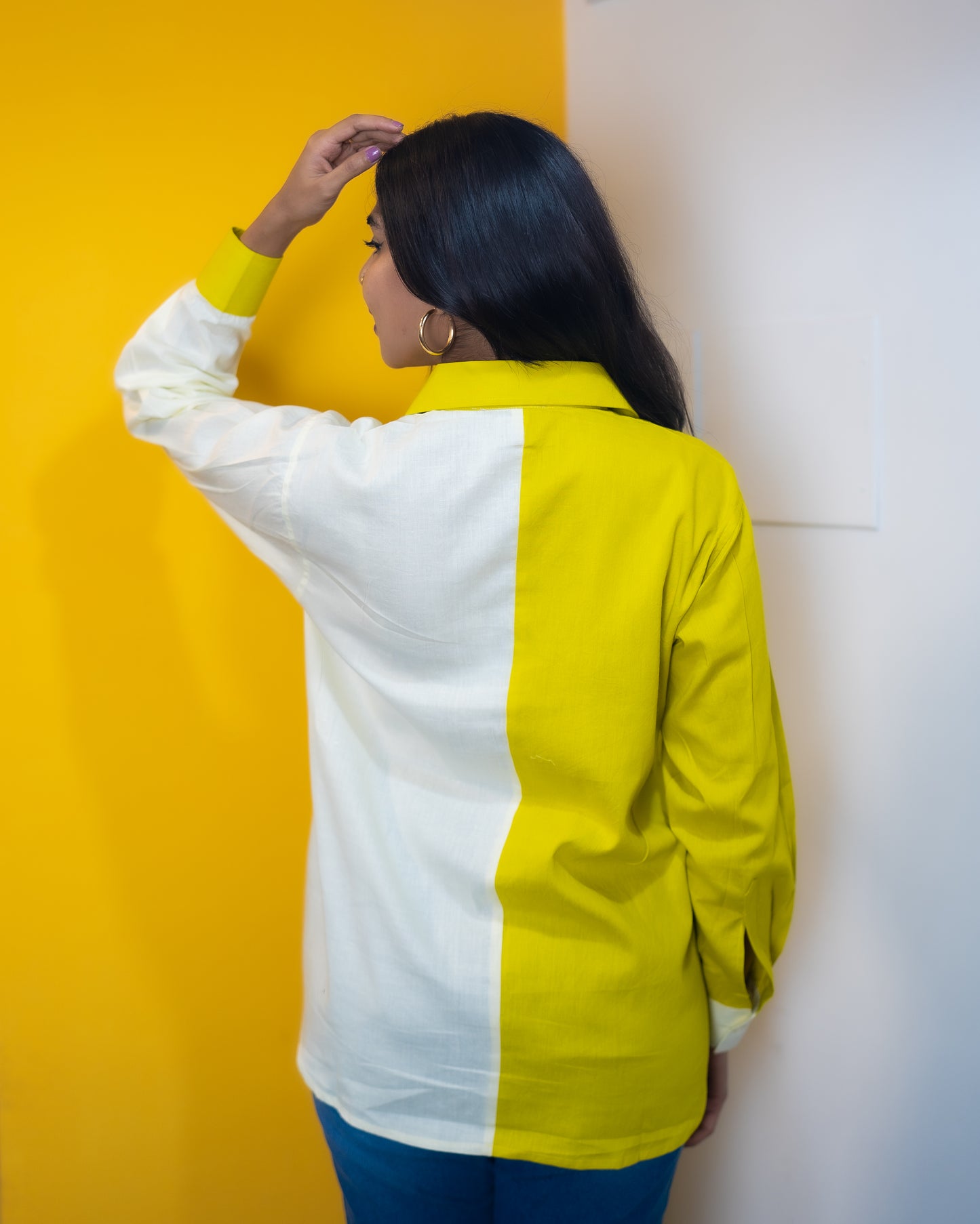 Dual Color Flower Embroidery Pocket Shirt (Yellow & White)