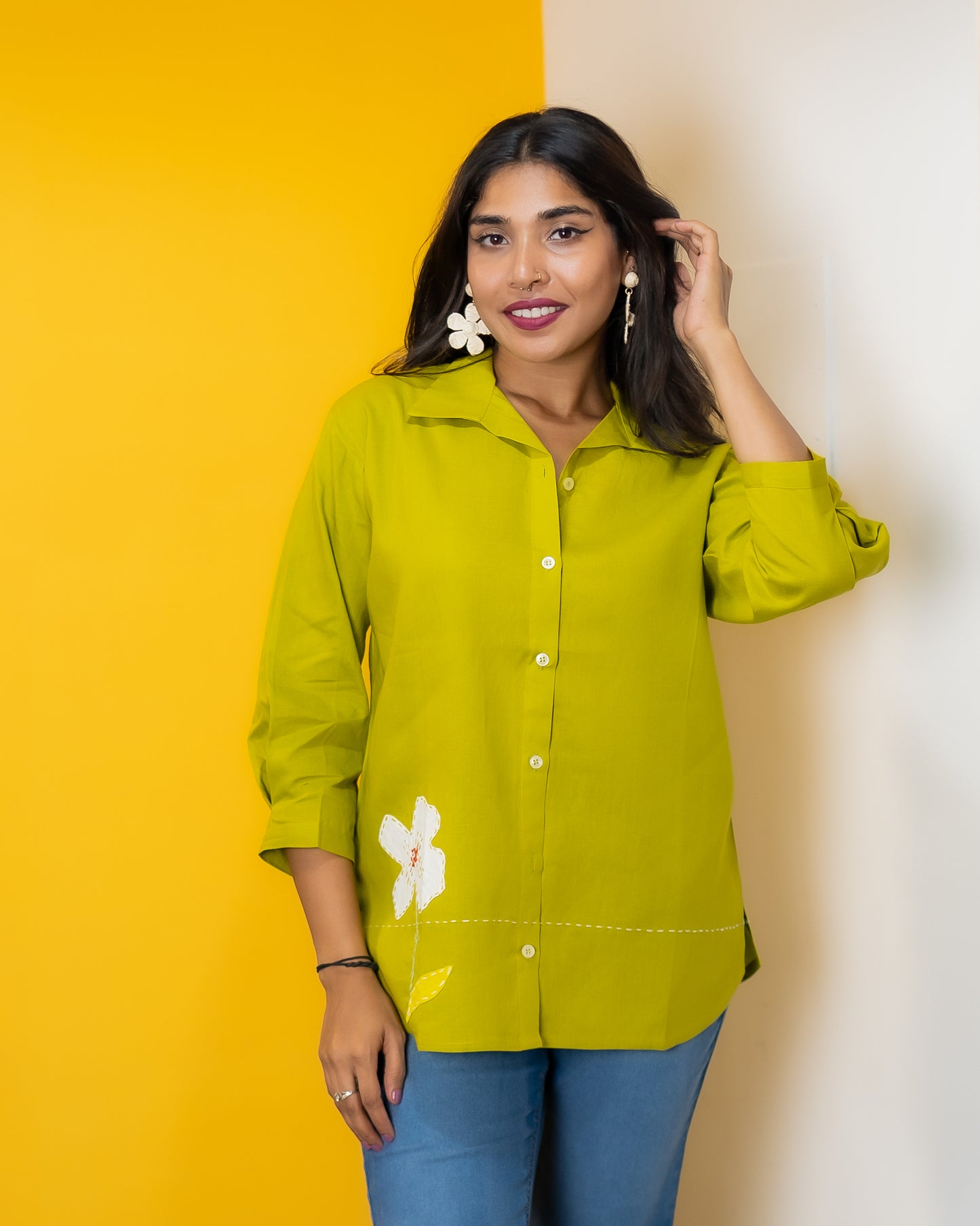 Long Top Applique Work Embroidery Light Green