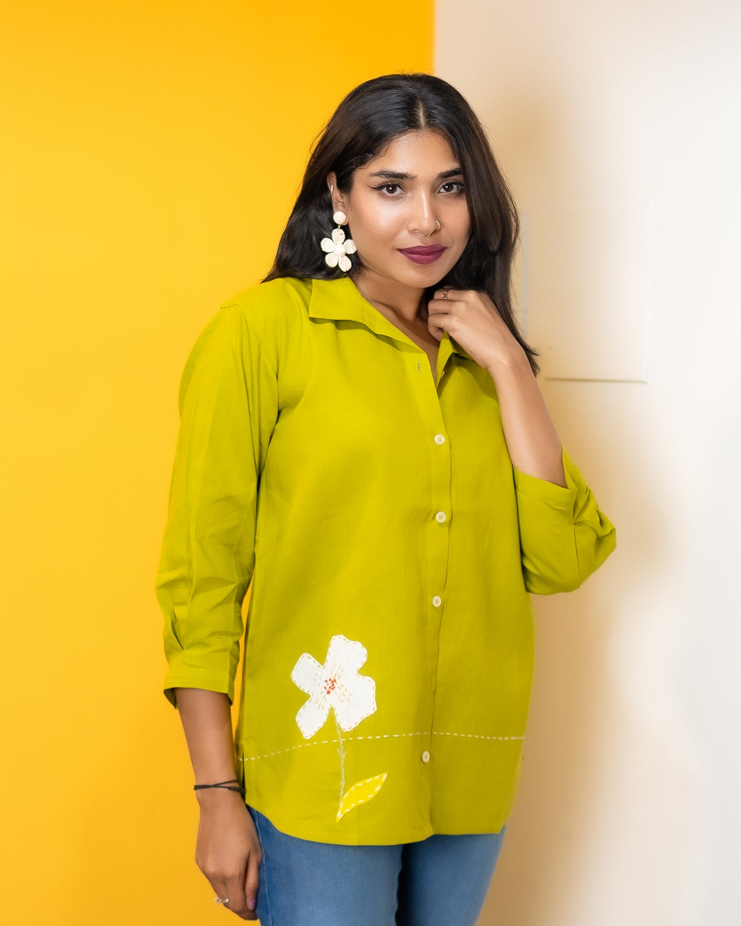 Long Top Applique Work Embroidery Light Green