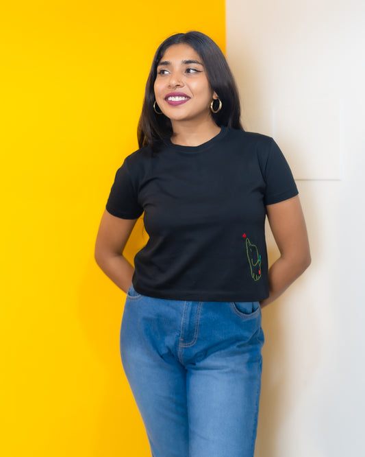 Elephant Embroided Short Crop Top Black
