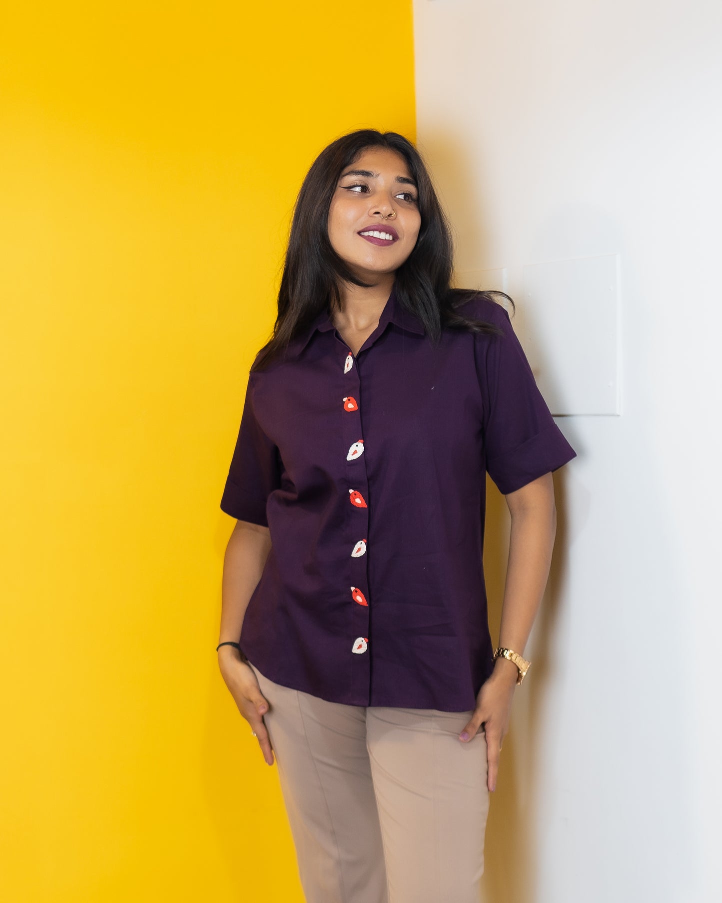 Bird Embroidery Purple Crop top Tshirt