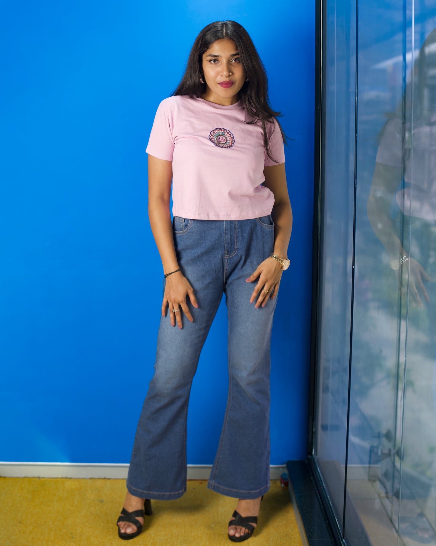 Pink Hand Embroidered Office Wear Crop Top