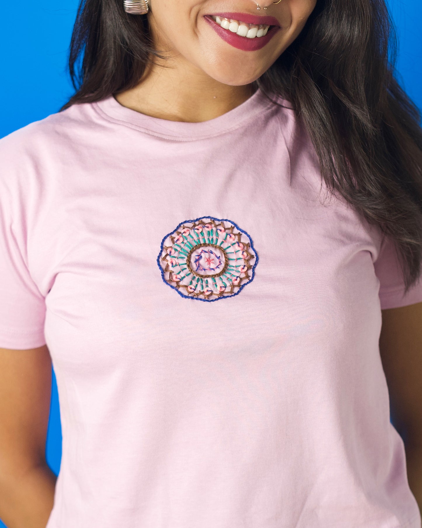 Pink Hand Embroidered Office Wear Crop Top