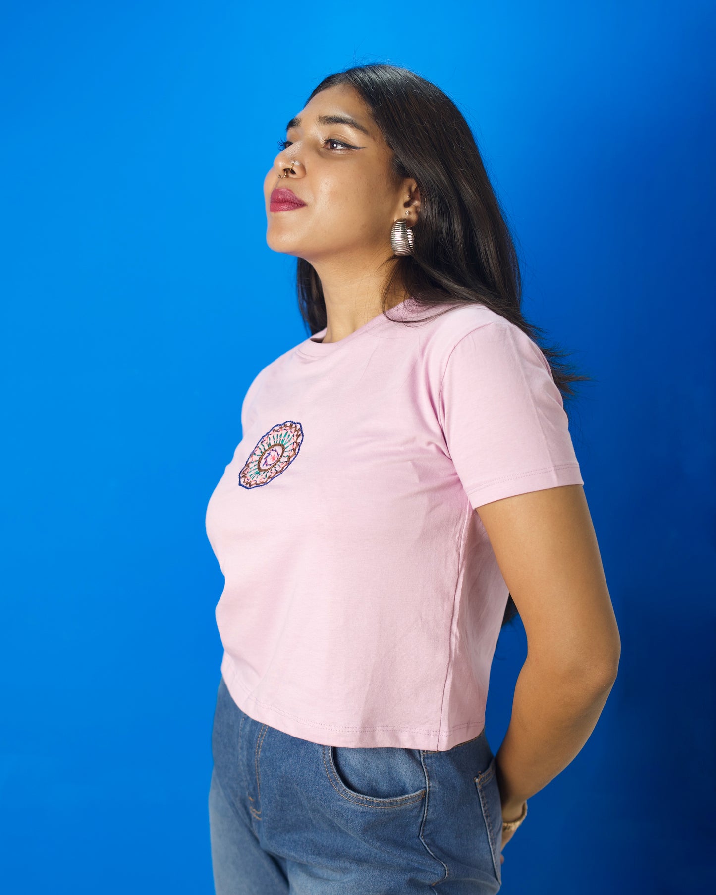 Pink Hand Embroidered Office Wear Crop Top