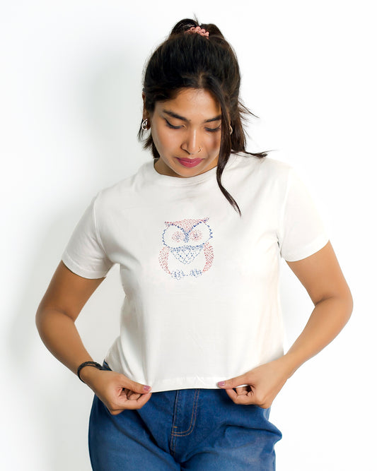 Crop Embroided White T-Shirt (Owl)