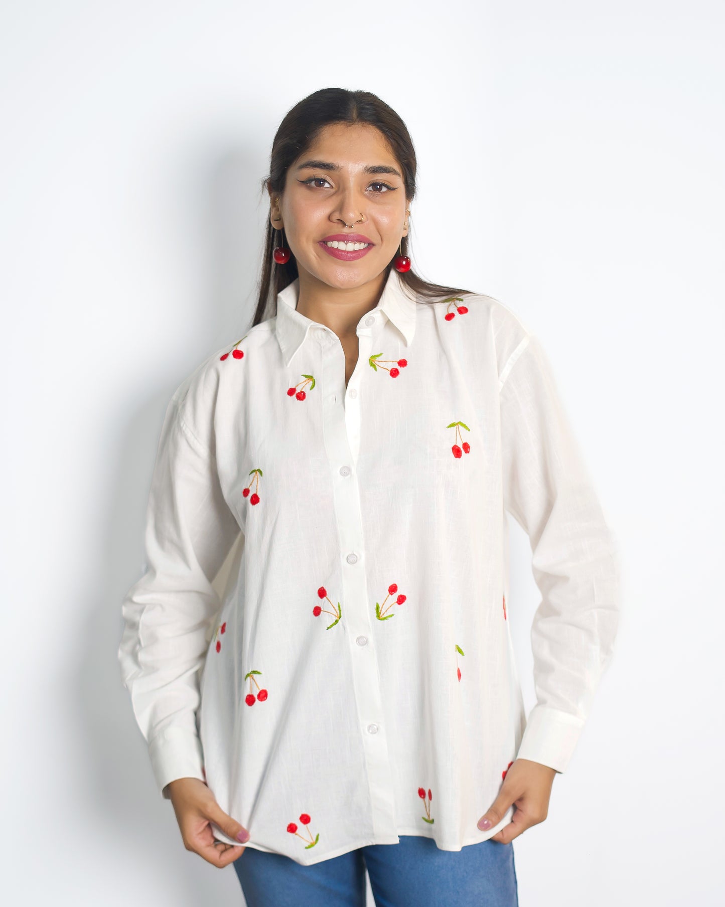 Oversized Embroided White Linen Shirt (Cherry)