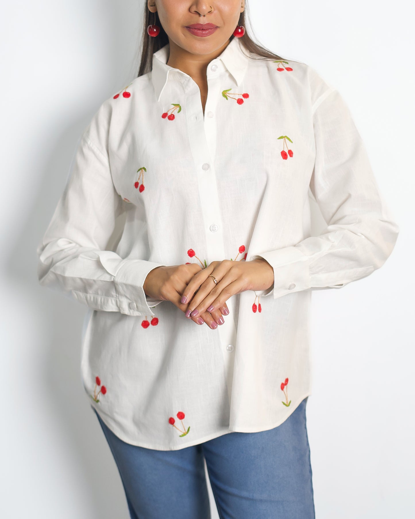 Oversized Embroided White Linen Shirt (Cherry)