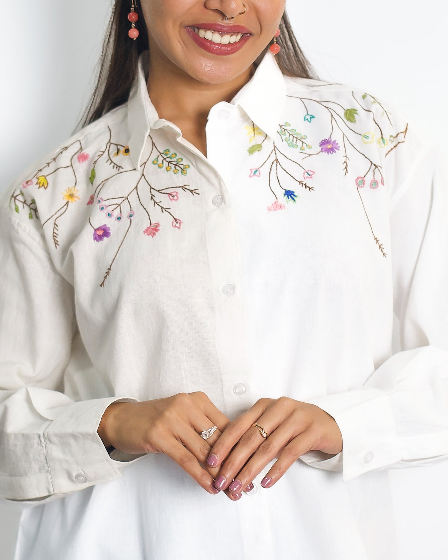 Oversized Embroided White Linen Shirt (Branch)