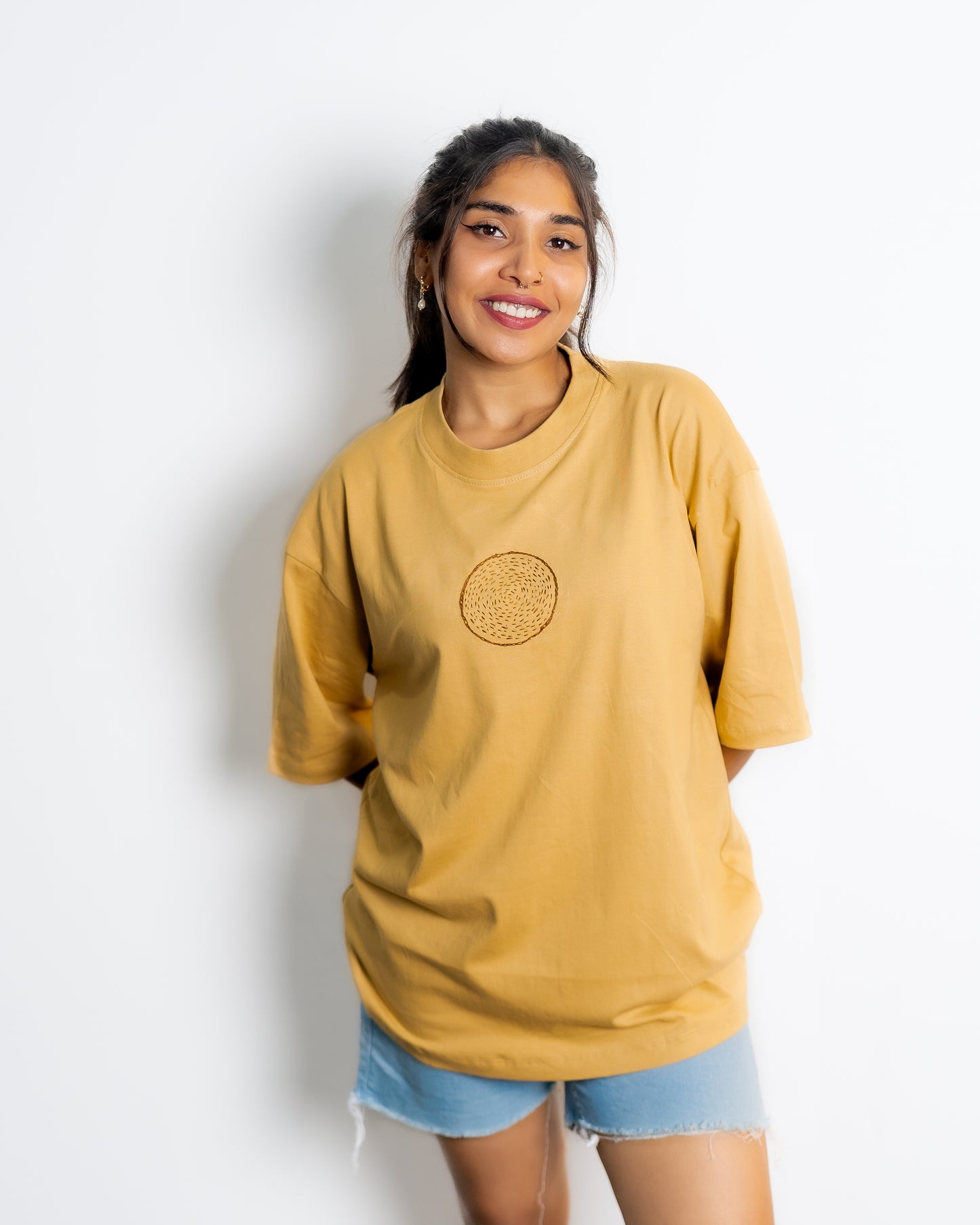 Oversized hand Embroidered TShirt (Beige)
