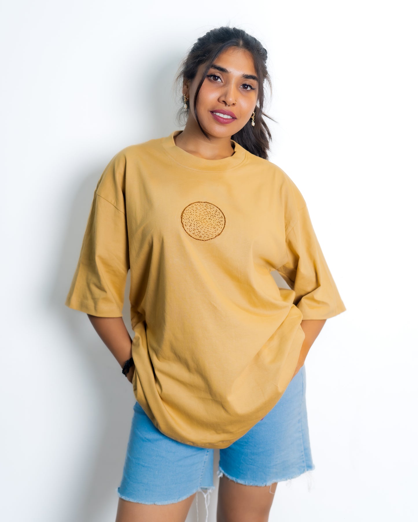 Oversized hand Embroidered TShirt (Beige)
