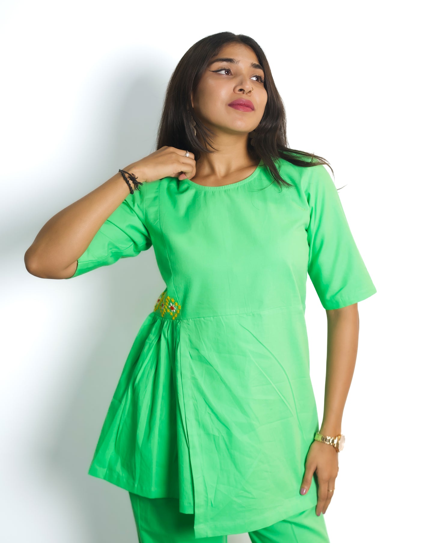 Relaxed Fit Cotton Hand Embroidered Co-Ord Set (Green)