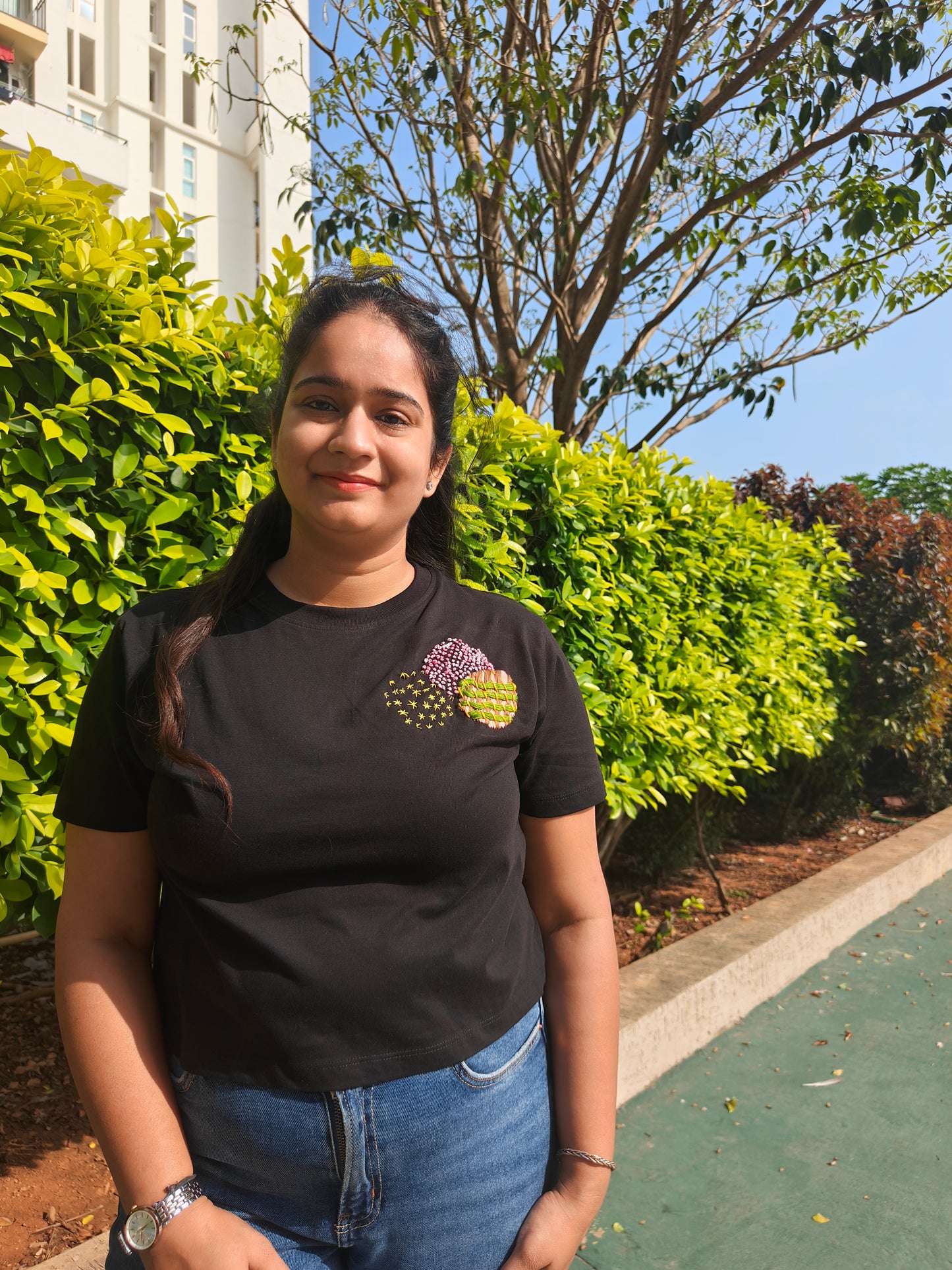 Crop Embroided Black T-Shirt (Balls)