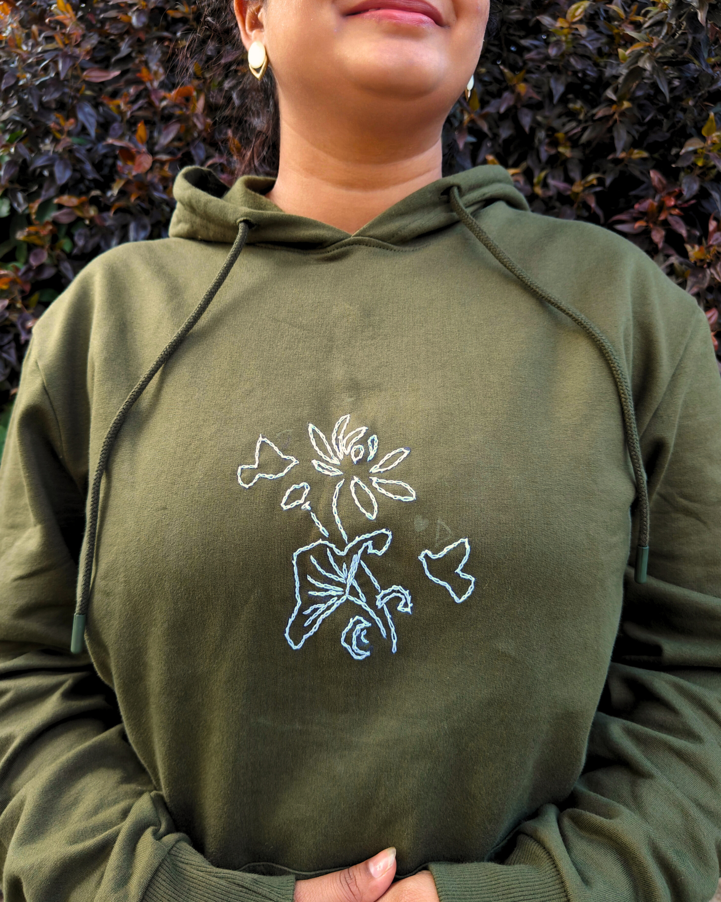 Cozy Hoodie with Hand embroidered motif (Olive Green)