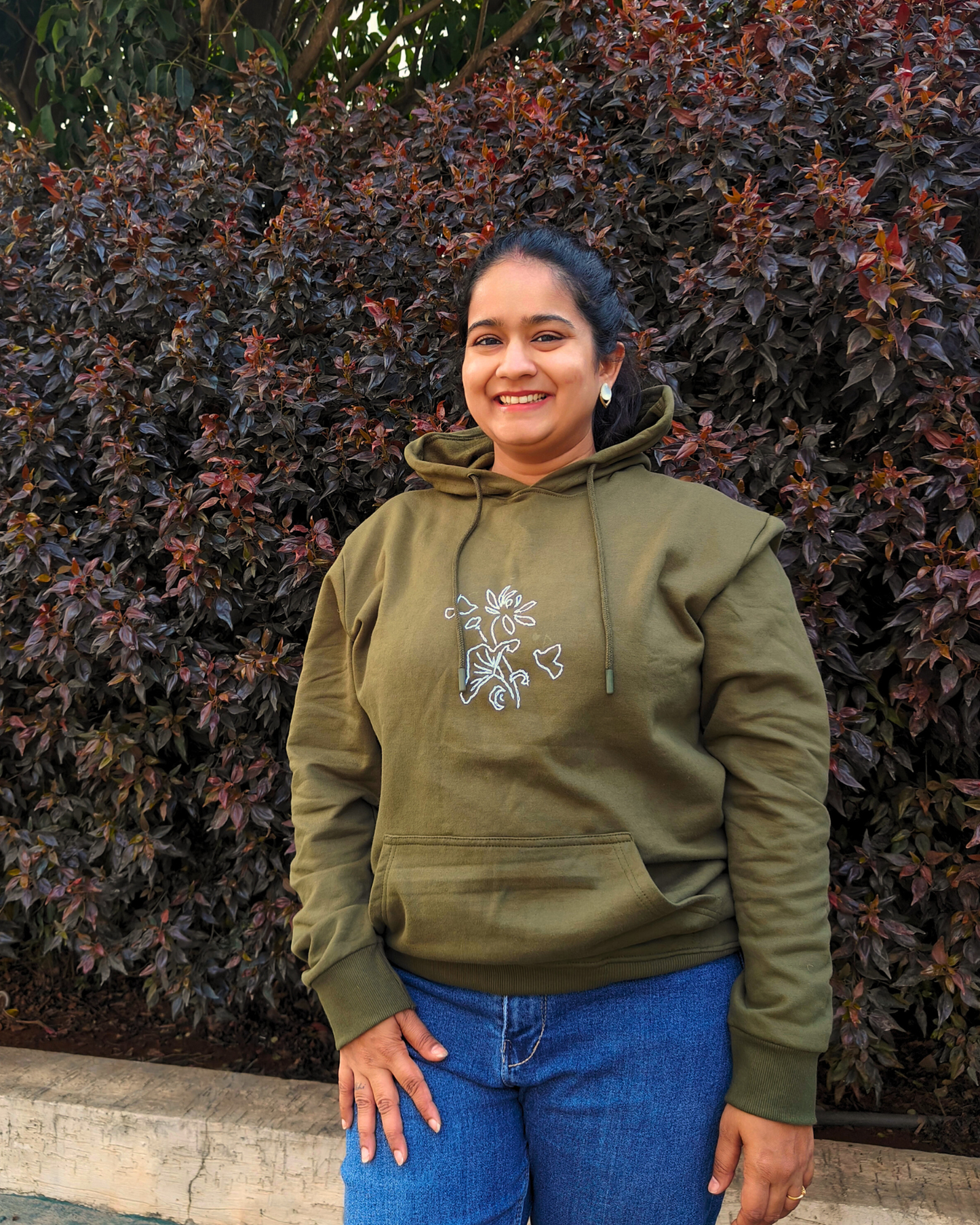 Cozy Hoodie with Hand embroidered motif (Olive Green)