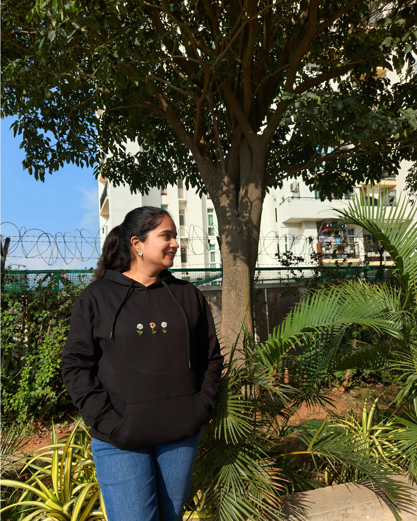 Cute black hoodie with minimalistic flowers