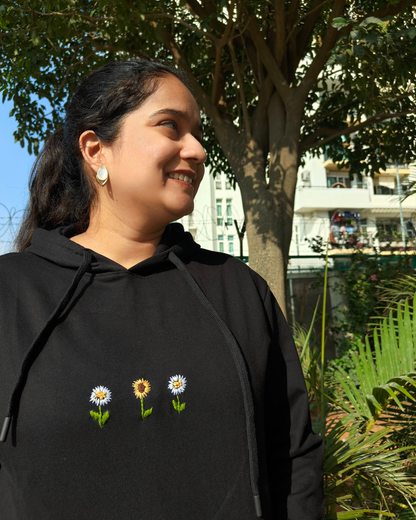 Cute black hoodie with minimalistic flowers