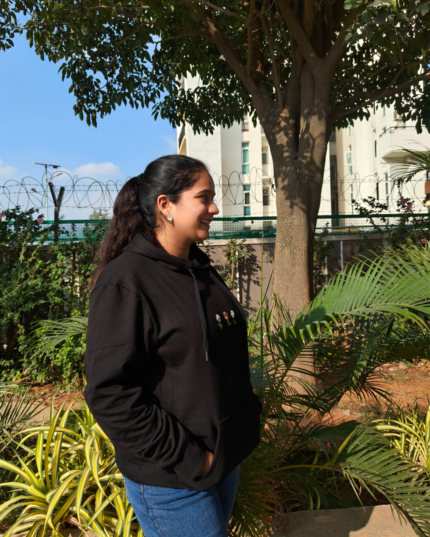 Cute black hoodie with minimalistic flowers