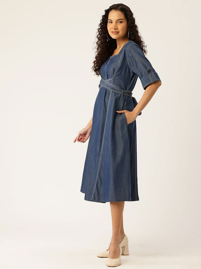 Denim Midi A-Line Dress with Belt