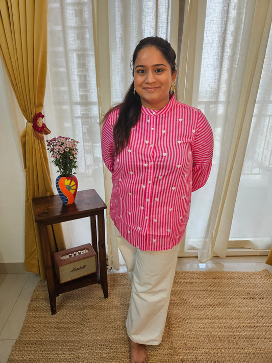 Pink Striped Shirt with White Hearts