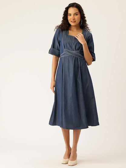 Denim Midi A-Line Dress with Belt
