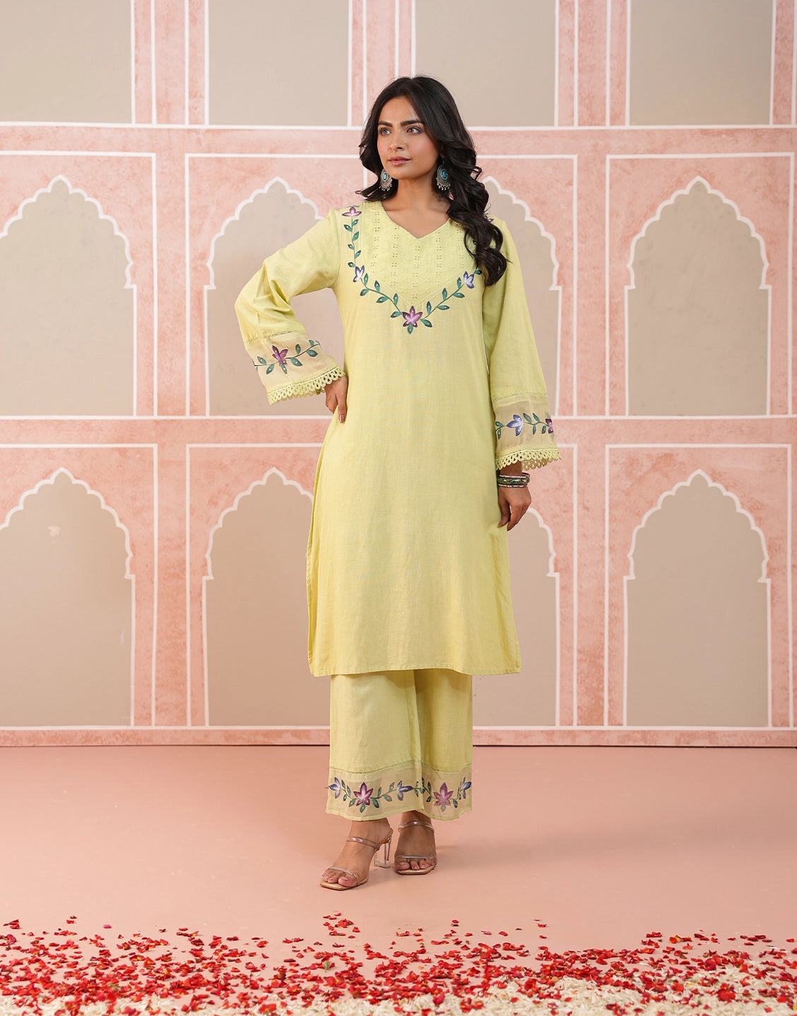 Nazakat lime green hand brush paint kurta set