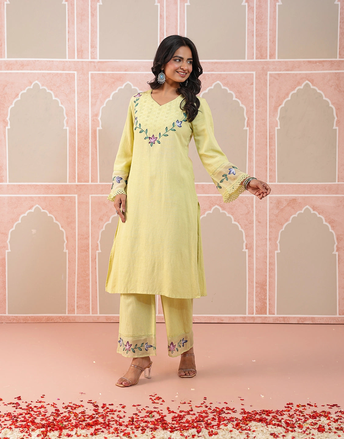 Nazakat lime green hand brush paint kurta set