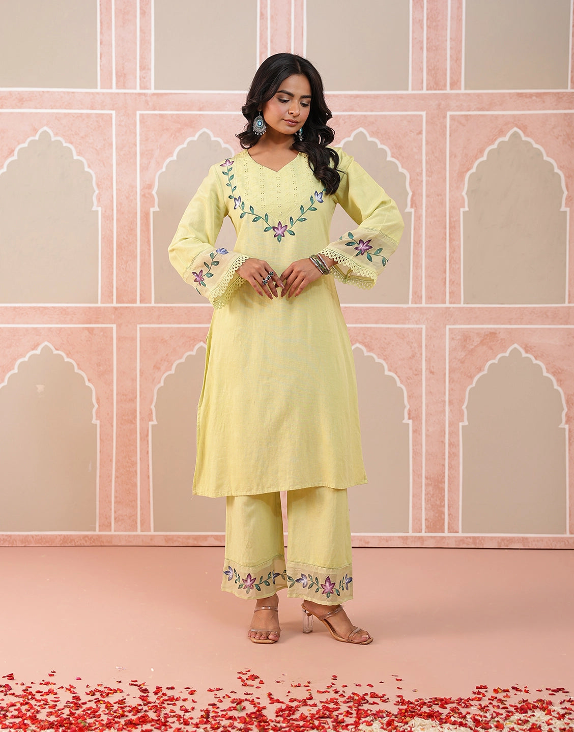 Nazakat lime green hand brush paint kurta set