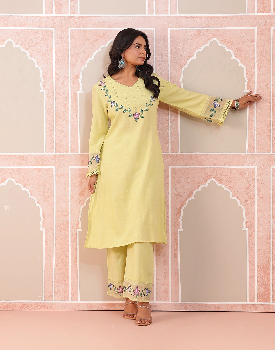 Nazakat lime green hand brush paint kurta set