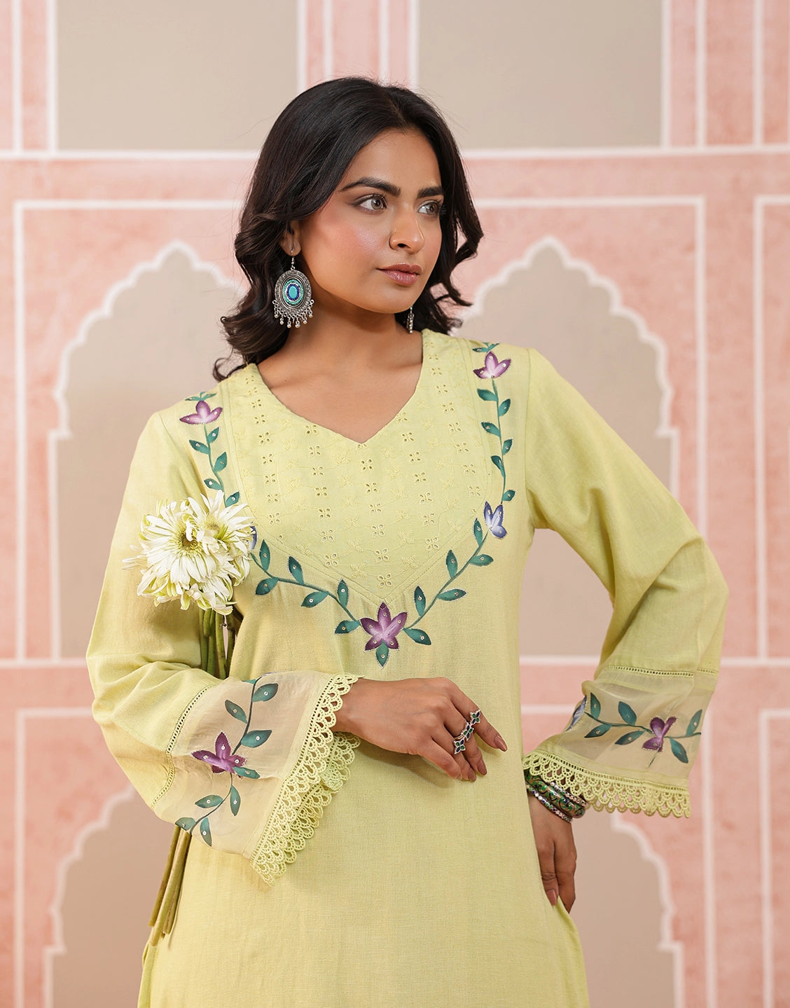 Nazakat lime green hand brush paint kurta set