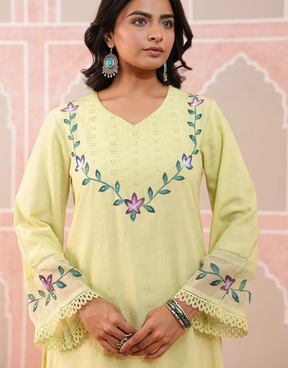 Nazakat lime green hand brush paint kurta set