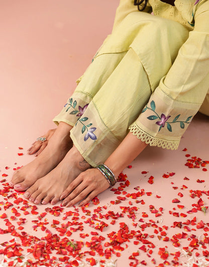 Nazakat lime green hand brush paint kurta set