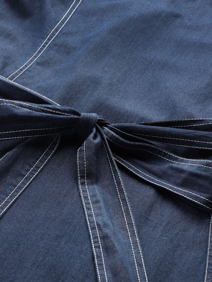 Denim Midi A-Line Dress with Belt