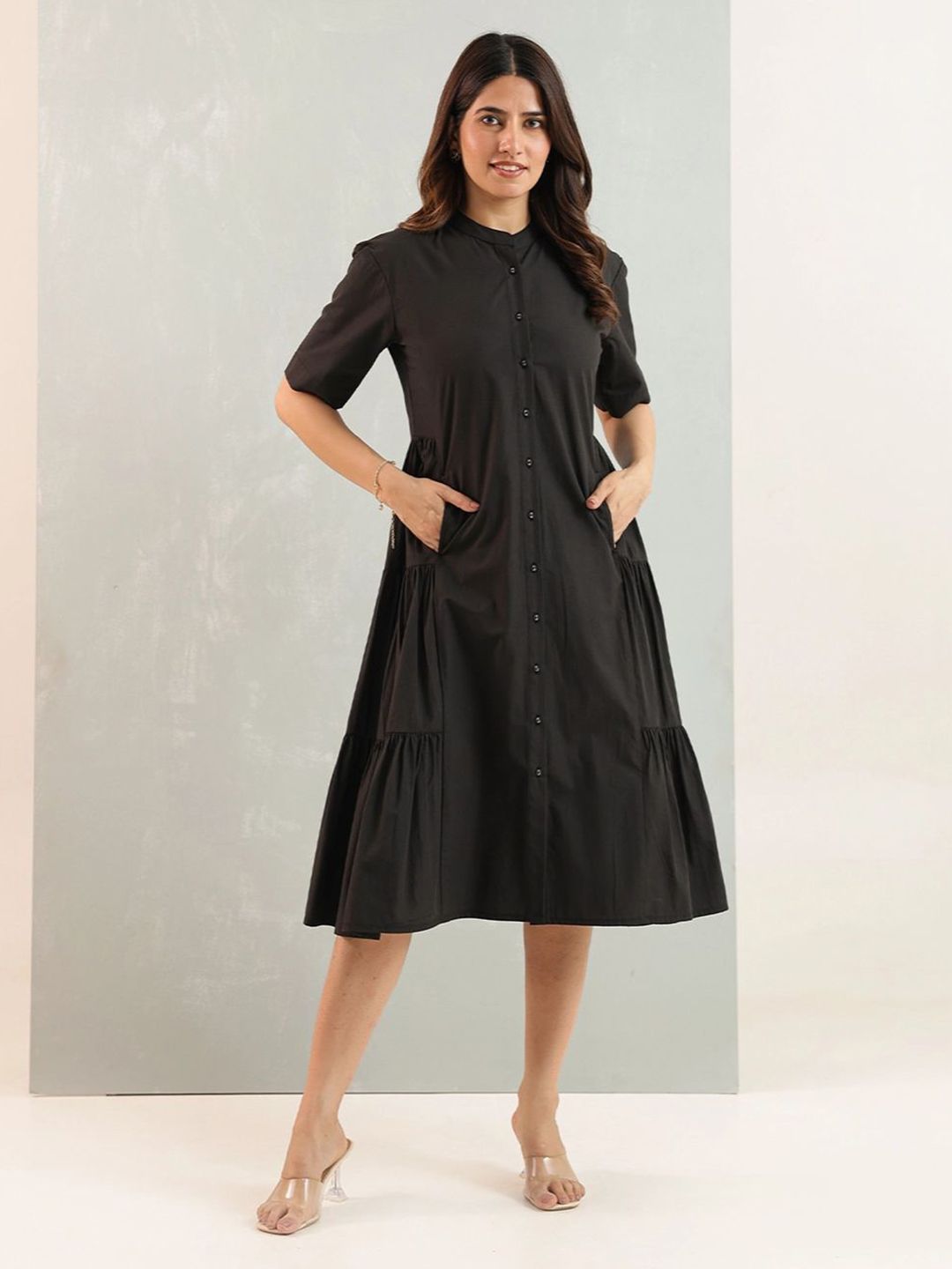 Black cotton Long A-Line Dress