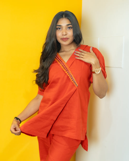 Relaxed FIt Hand Embroidered Co-Ord Set (Orange)
