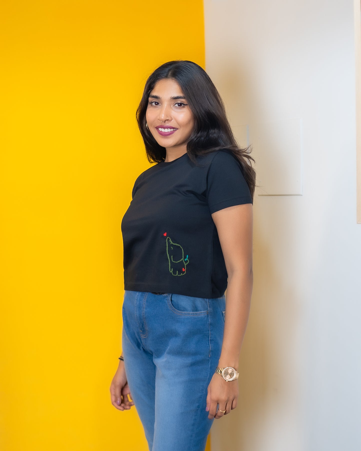 Elephant Embroided Short Crop Top Black