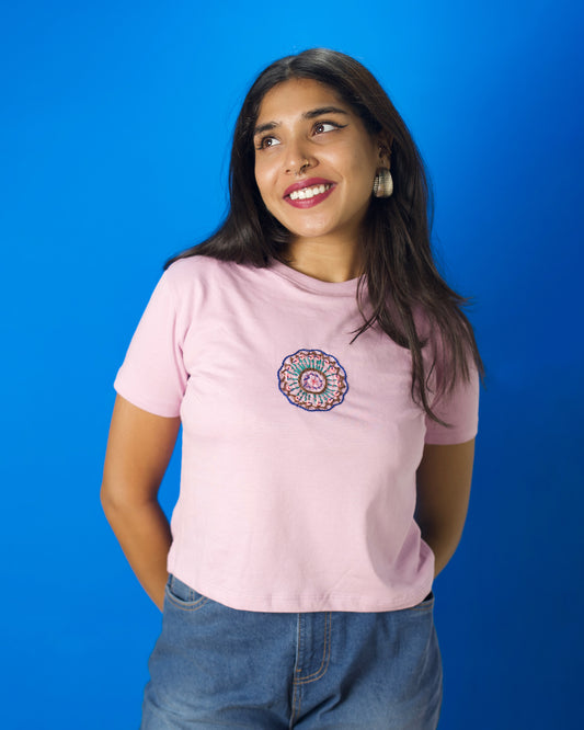 Pink Hand Embroidered Office Wear Crop Top