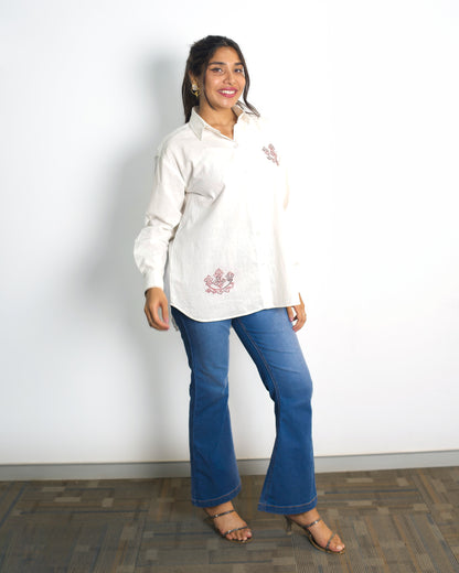 Toda Hand Embroidery White Linen Shirt