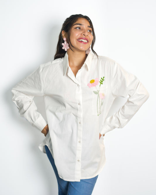 Oversized Embroided White Linen Shirt (Flower)