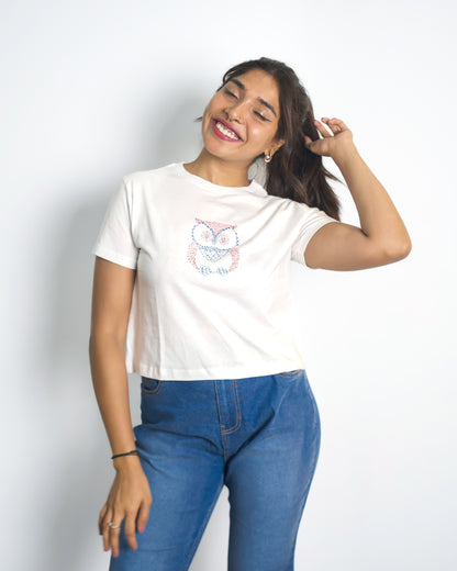 Crop Embroided White T-Shirt (Owl)