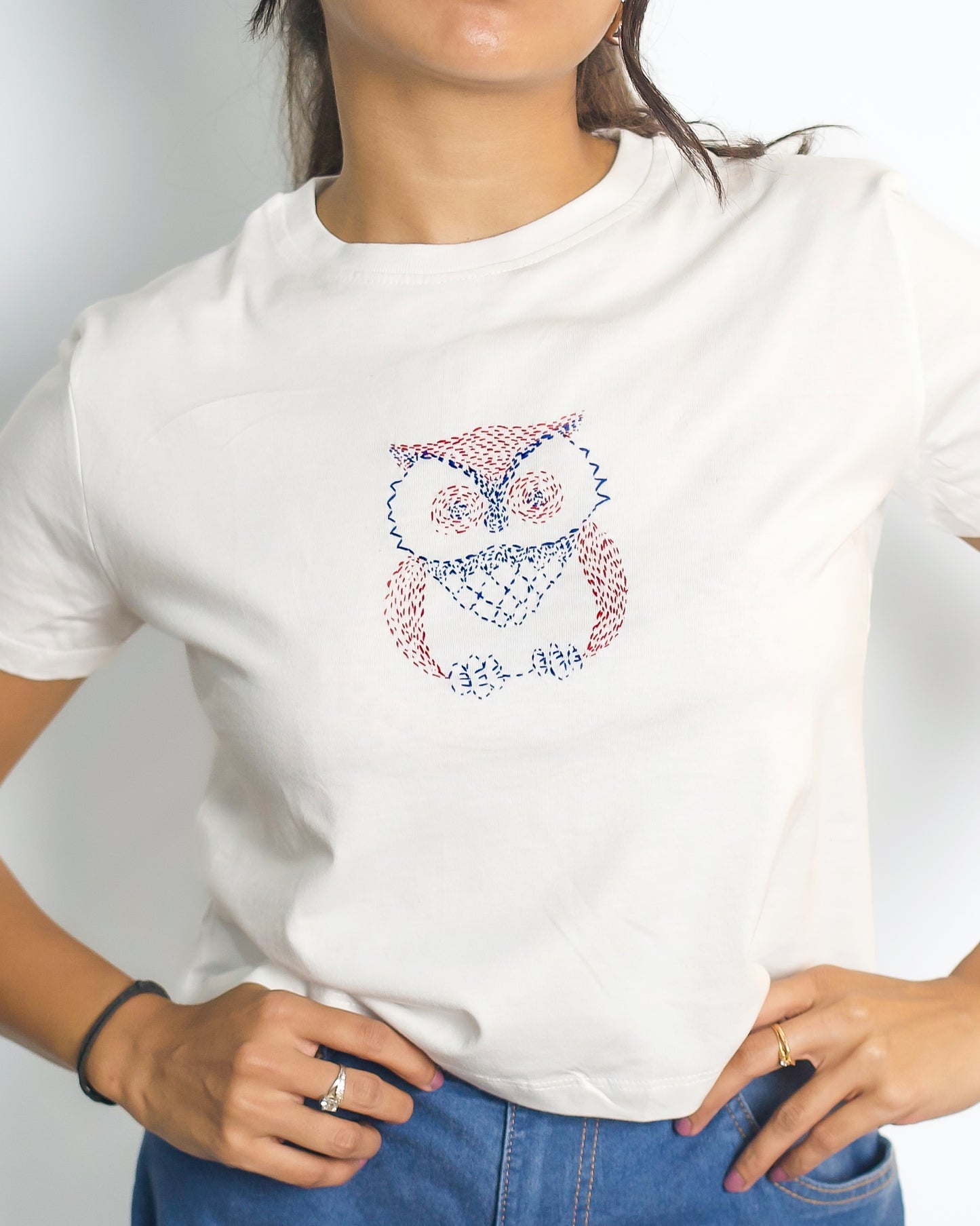 Crop Embroided White T-Shirt (Owl)