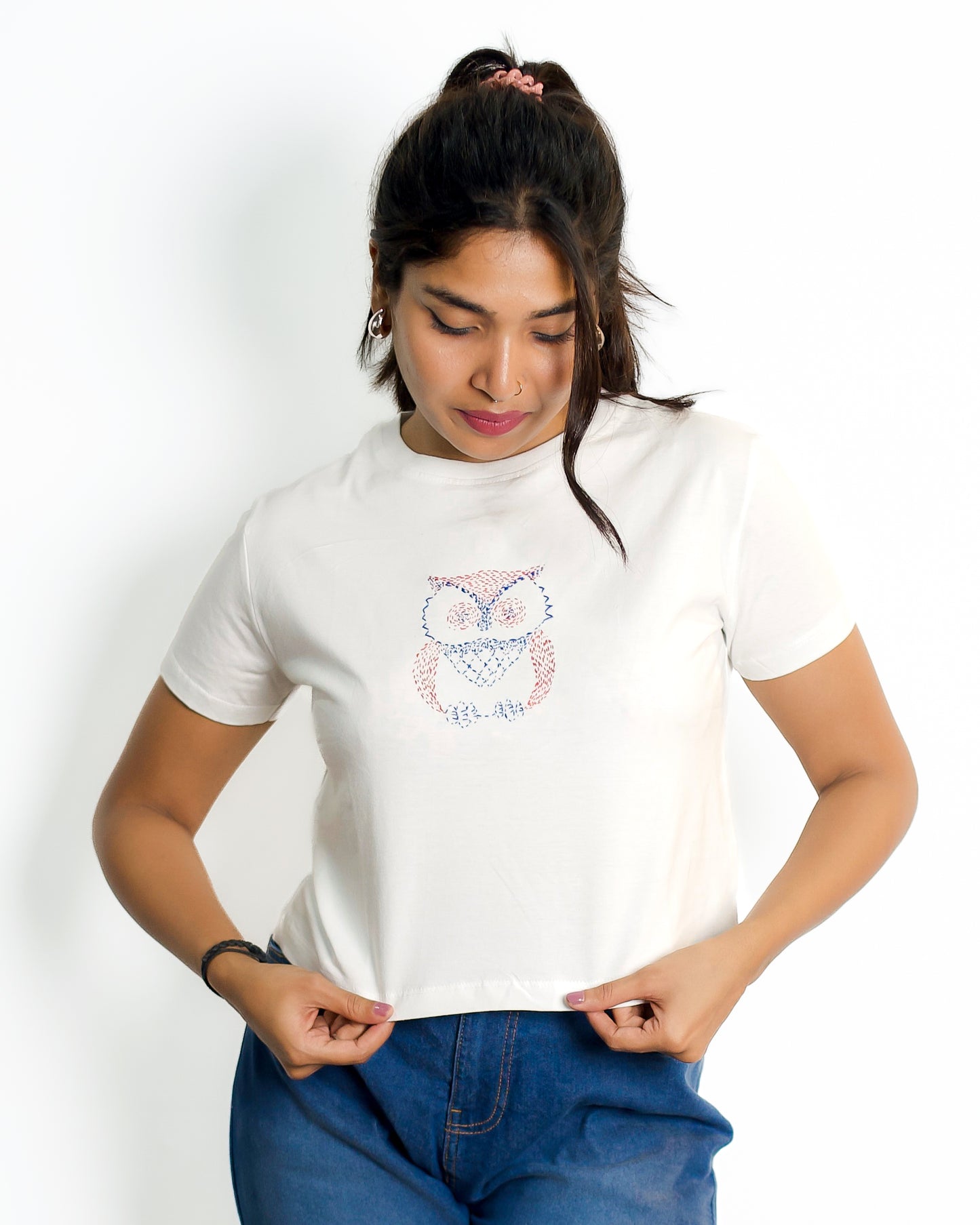 Crop Embroided White T-Shirt (Owl)
