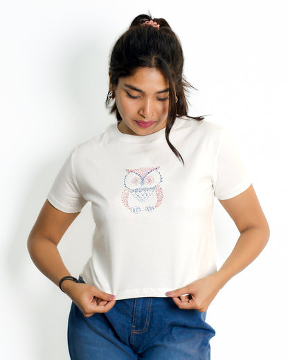 Crop Embroided White T-Shirt (Owl)